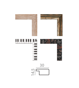 Four corner samples of decorative picture frames featuring wood, piano keys, and leaf patterns