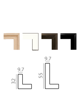 Picture frame profile dimensions and color options in wood, white, brown, and black.