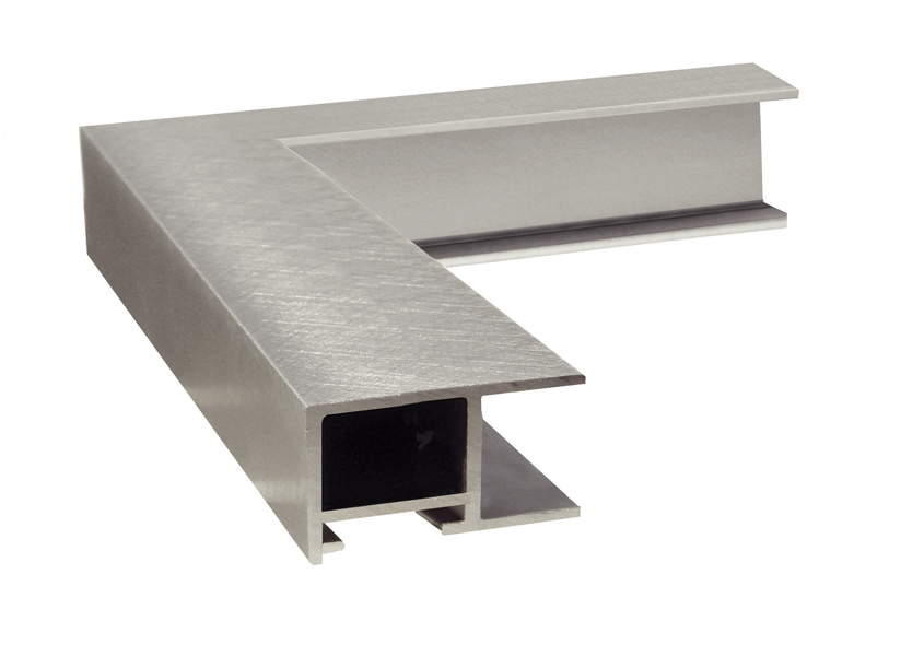 Corner sample of a brushed silver aluminum picture frame profile.