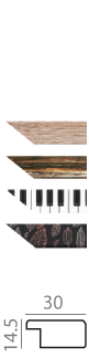 Four decorative picture frame moulding samples with wood grain, piano keys, and leaf patterns next to technical dimensions schema.