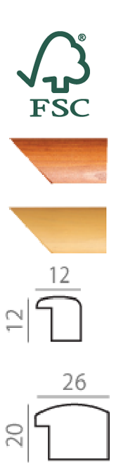 Technical diagram showing FSC certification logo, wood profile samples, and dimensional cross-sections of picture frames.