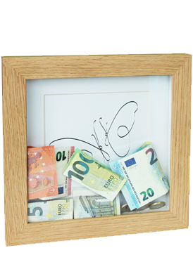 Oak shadow box frame filled with various Euro banknotes and coins for saving money.