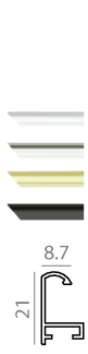 Technical diagram showing aluminum profile finishes in white, silver, gold, and black with dimensions