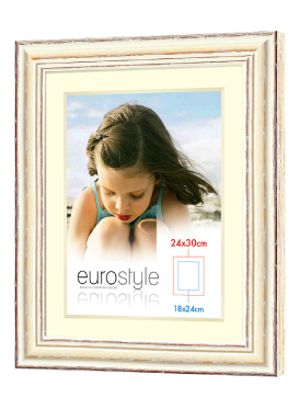 Vintage-style white wooden picture frame with cream matting and distressed finish