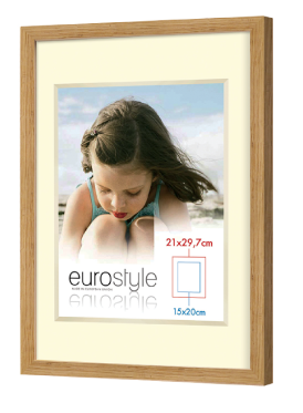 Oak wood picture frame with a white passe-partout and Eurostyle branding