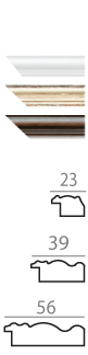 Picture frame molding profiles in white, light wood, and dark wood finishes with cross-section diagrams