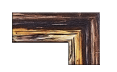 Corner sample of a rustic distressed wood picture frame with dark and light brown tones.
