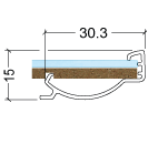 Technical diagram showing a 30.3mm wide and 15mm high cross-section of a wood and blue material profile