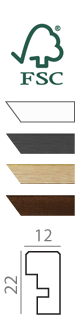 Infographic showing FSC certification logo, color options for picture frames, and profile dimensions of 12mm by 22mm.