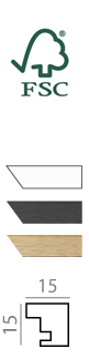 Forest Stewardship Council FSC logo with wood frame profile options in white, black, and oak, including a 15 by 15 millimeter technical dimension diagram.