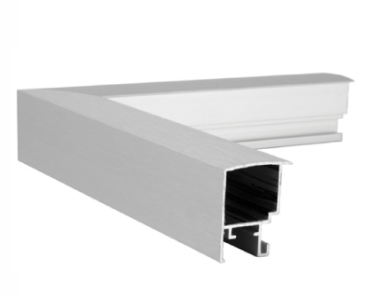 Cross-section corner sample of a textured silver aluminum picture frame molding.