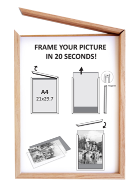 Instructional infographic for a magnetic wooden A4 picture frame showing how to insert a photo.
