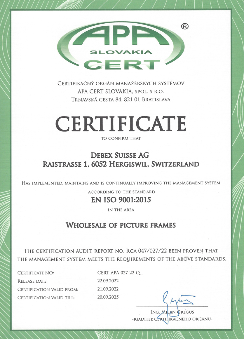 Certificat ISO® Debex Suisse AG