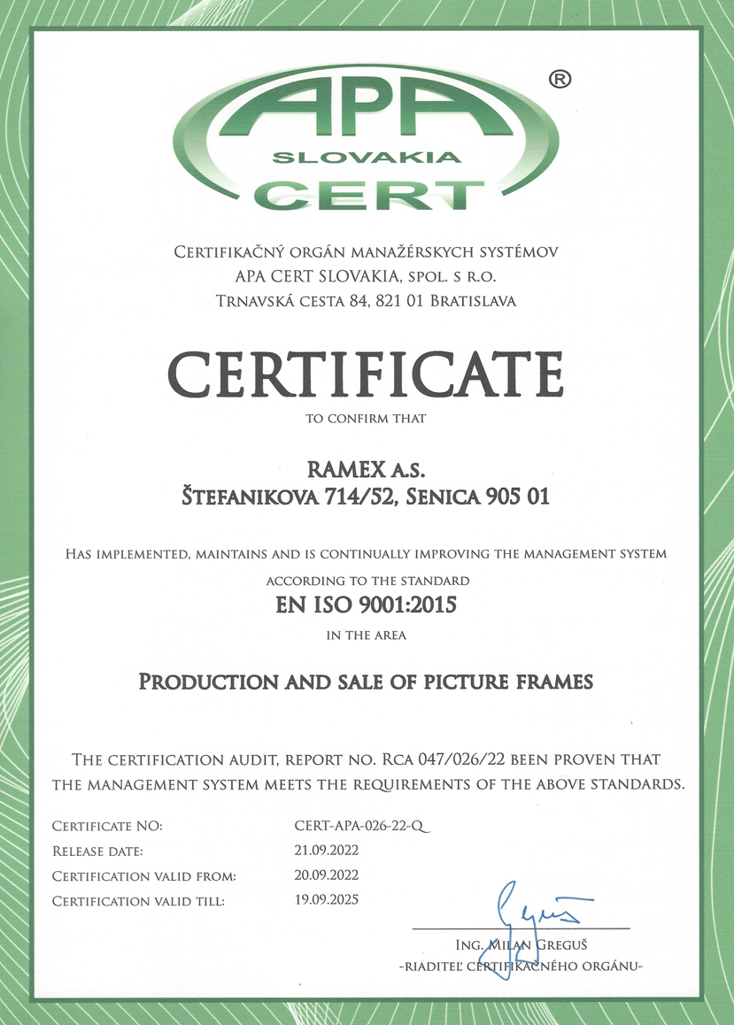 Certificat ISO® Ramex a.s.