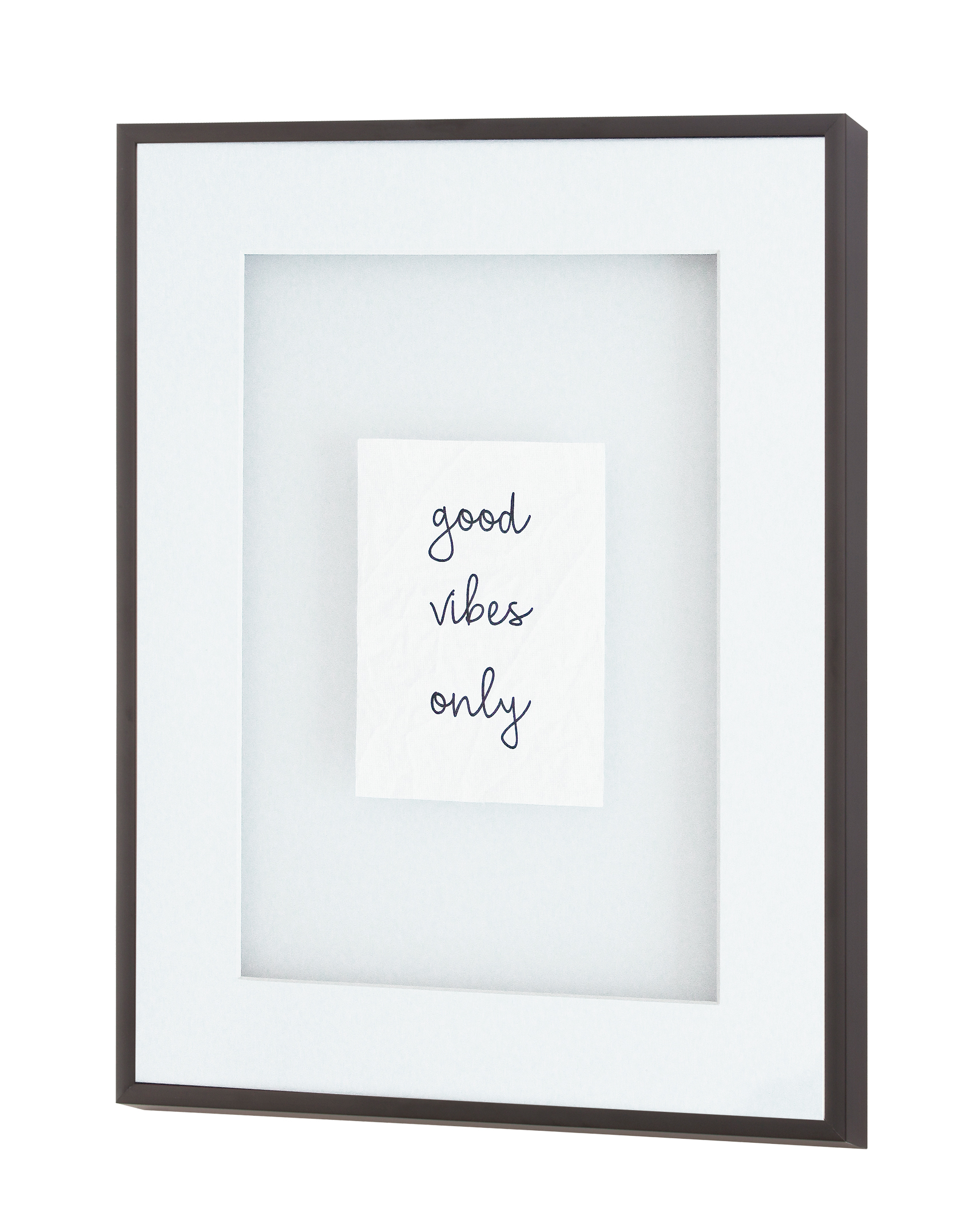 Good vibes only framed wall art in a dark brown wooden frame