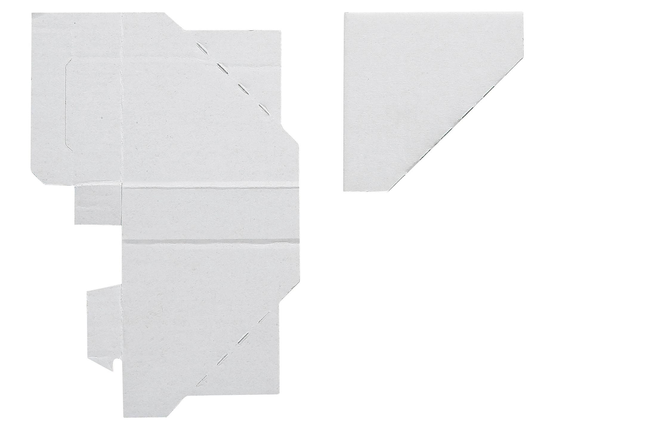 Unfolded white cardboard packaging template with die-cut lines against a white background