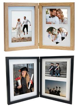 Double wooden and black folding photo frames with wedding and graduation pictures